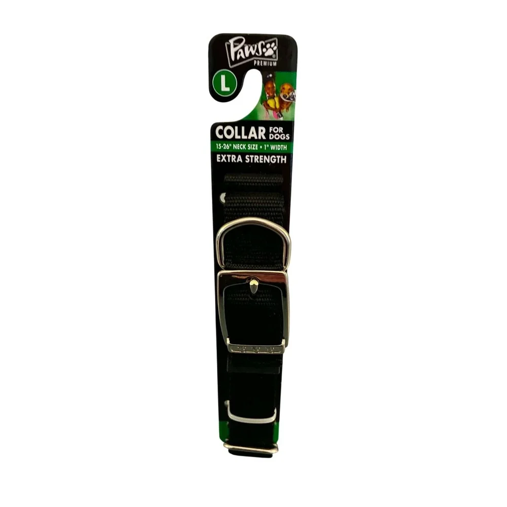 Paws Premium Dog Collar Large Black New Extra Strength Adjustable Nylon Buckle